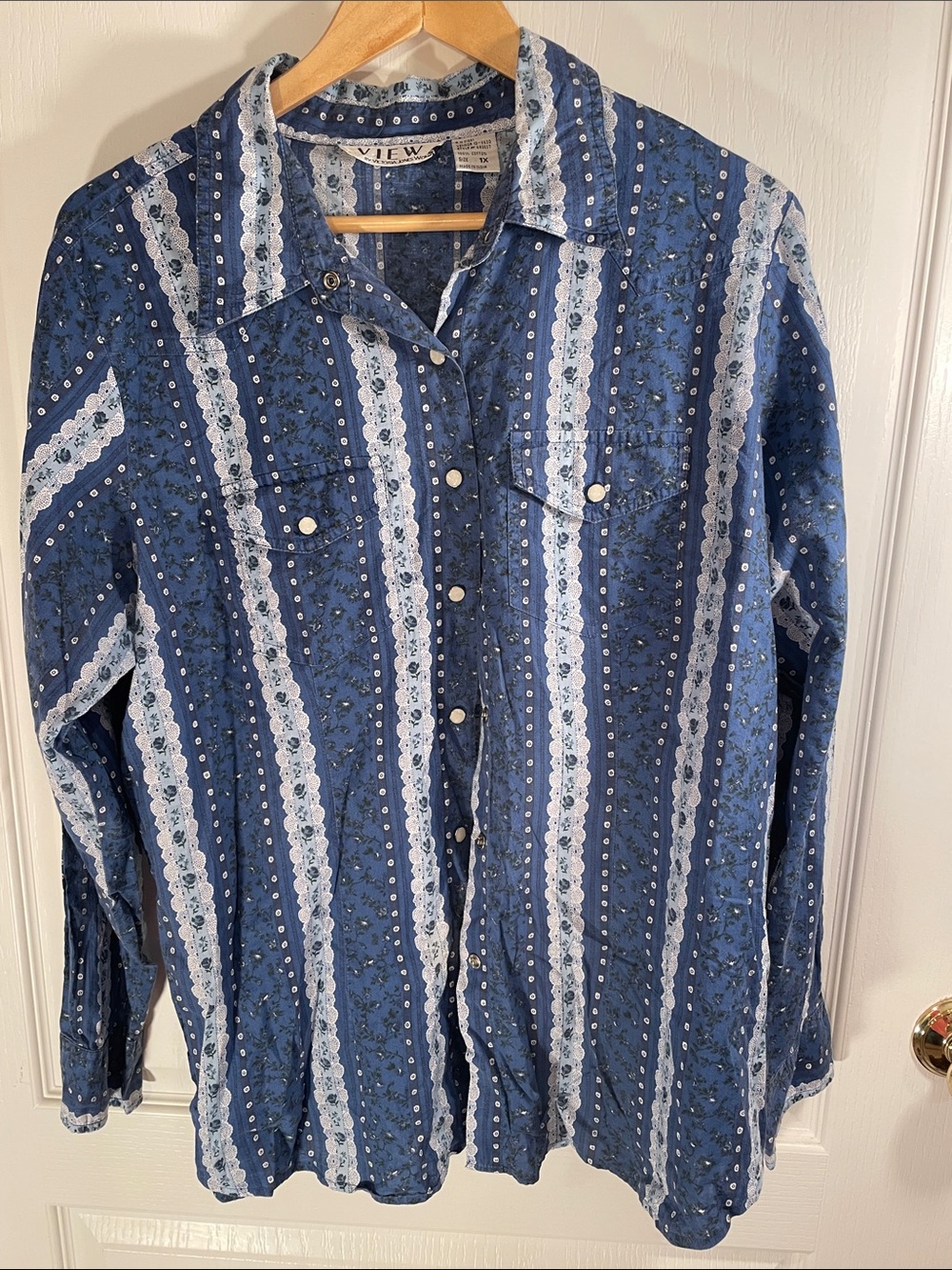 View 100% Cotton Blue Striped Lace-Trim Button-Down Shirt